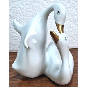 VTG Hollohaza Hungary Swan Pair Porcelain Figurine White n Gold Hand Painted 4"